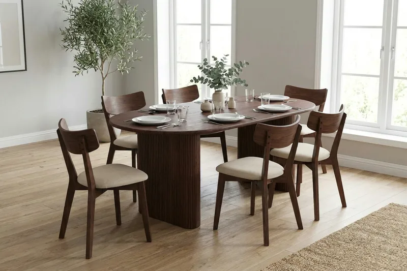 Noira Rektangulär Matgrupp 220 cm – Matbord med 6 Amelia Matstolar i Trä med Valnötsutseende - Brun - Products - Möbler - Bord & matgrupp - Matgrupp