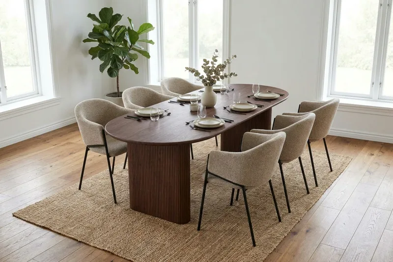Noira Rektangulär Matgrupp 220 cm – Matbord med 6 Filip Matstolar i Trä med Valnötsutseende - Brun - Products - Möbler - Bord & matgrupp - Matgrupp