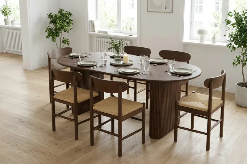 Noira Rektangulär Matgrupp 220 cm – Matbord med 6 Malte Matstolar i Trä med Valnötsutseende - Brun - Products - Möbler - Bord & matgrupp - Matgrupp