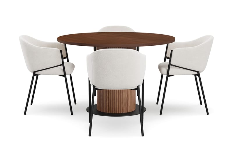 Noira Runt Litet Matbord Massiv Valnöt 120 cm med 4 Filip Matstolar - Brun / Vit Bouclé - Products - Möbler - Bord & matgrupp - Matgrupp