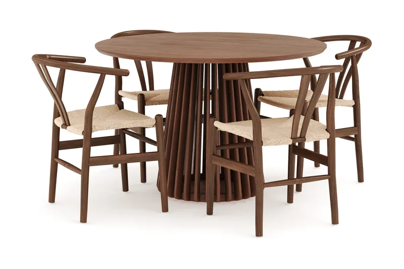 Peyra Matgrupp 120 cm Rund med 4 Dastoori Matstol - 2220070-4,1893317-1 - Valnöt / Brun / Beige - Products - Möbler - Bord & matgrupp - Matgrupp