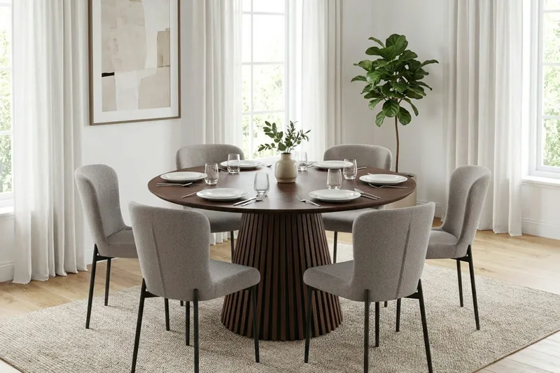 Peyra Matgrupp runt 130 cm Valnöt med 6 Elsie Matstolar - Valnöt - Products - Möbler - Bord & matgrupp - Matgrupp