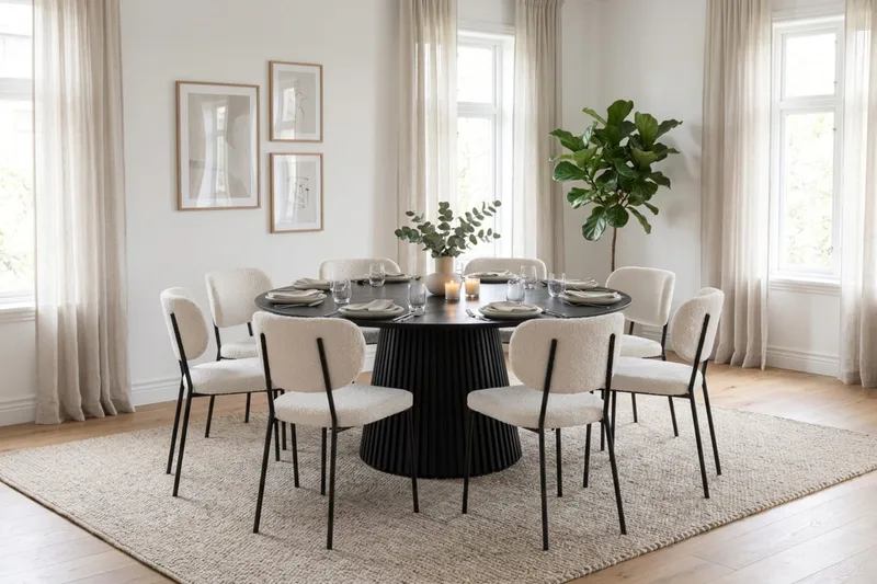 Peyra Matgrupp runt 180 cm Svart med 8 Gemmiano Matstolar - Svartlaserad ek - Products - Möbler - Bord & matgrupp - Matgrupp