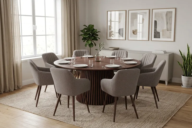 Peyra Matgrupp runt 180 cm Valnöt med 8 Filippa Matstolar - Valnöt - Products - Möbler - Bord & matgrupp - Matgrupp