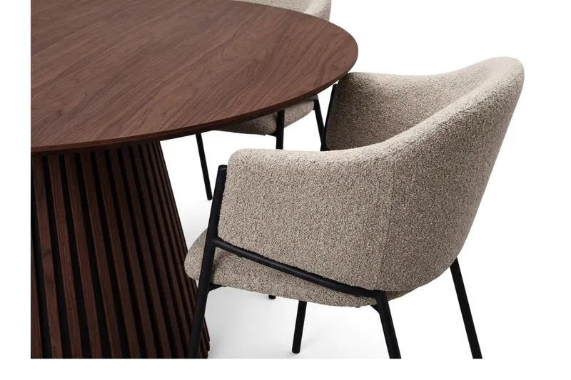 Peyra Rund Matgrupp 180 cm – Matbord med 8 Filip Matstolar i Trä med Valnötsutseende - Brun & Taupe - Products - Möbler - Bord & matgrupp - Matgrupp