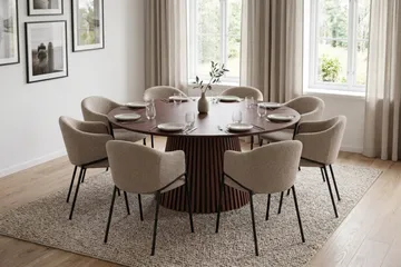 Peyra Rund Matgrupp 180 cm – Matbord med 8 Filip Matstolar i Trä med Valnötsutseende - Brun & Taupe - Products - Möbler - Bord & matgrupp - Matgrupp