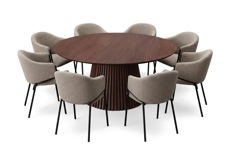Peyra Rund Matgrupp 180 cm – Matbord med 8 Filip Matstolar i Trä med Valnötsutseende - Brun & Taupe - Products - Möbler - Bord & matgrupp - Matgrupp