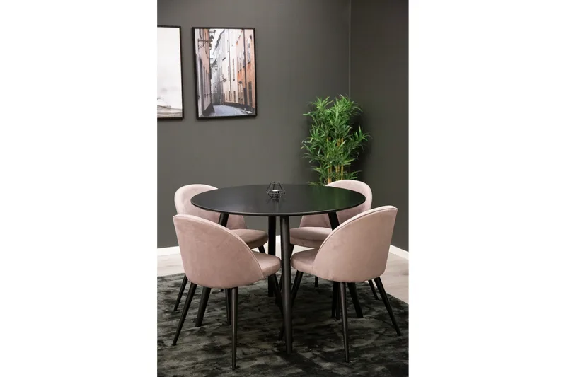 Plaza Matgrupp 100 cm Rund med 4 Velvet stolar - Svart - Products - Möbler - Bord & matgrupp - Matgrupp