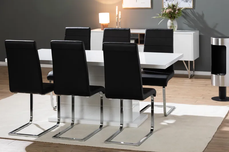 Ratliff Matgrupp 180 cm + 6 Stolar Förlängningsbart med illäggsskiva - Vit/Svart Pu/Krom - Products - Möbler - Bord & matgrupp - Matgrupp