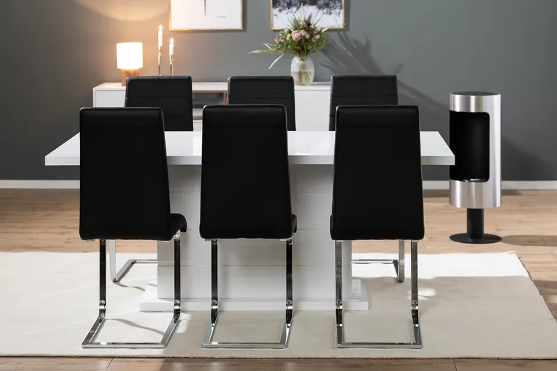 Ratliff Matgrupp 180 cm + 6 Stolar Förlängningsbart med illäggsskiva - Vit/Svart Pu/Krom - Products - Möbler - Bord & matgrupp - Matgrupp