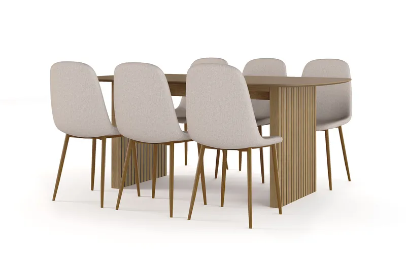 Richeto Matbord 180 cm ek +  6 st Nibe stol beige med ek ben, Ek