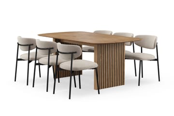 Richeto Matbord 180 cm med 6 Lucy Matstolar - Naturlig finish / Greige Bouclé / Metallben Svart - Products - Möbler - Bord & matgrupp - Matgrupp