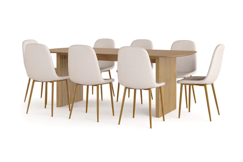 Richeto Matbord 210 cm ek +  8 st Nibe stol beige med ek ben, Ek