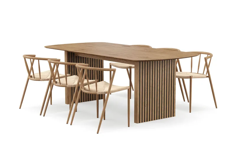 Richeto Matbord 210 cm med 6 Winston Matstolar - Naturlig finish / Beige / Metallben Ek - Products - Möbler - Bord & matgrupp - Matgrupp