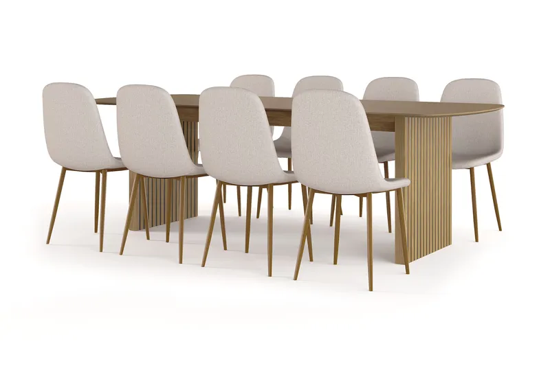 Richeto Matbord 240 cm ek +  8 st Nibe stol beige med ek ben, Ek