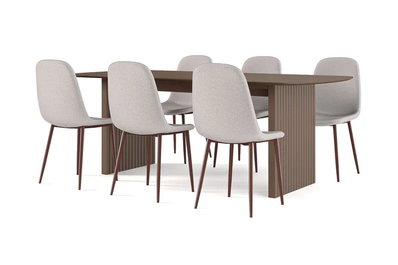 Richeto Matbord Rökt Ek 210 cm valnöt +  6 st Nibe stol beige med valnöt ben, Brun/Beige
