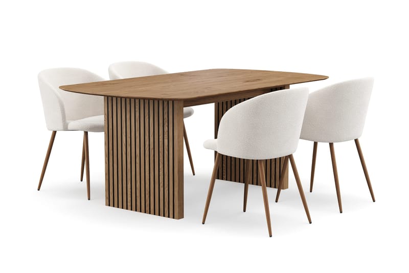 Richeto Matgrupp 180 cm med 4 Greya Matstolar med Armstöd - Naturlig Finish/Vit Bouclé - Products - Möbler - Bord & matgrupp - Matgrupp
