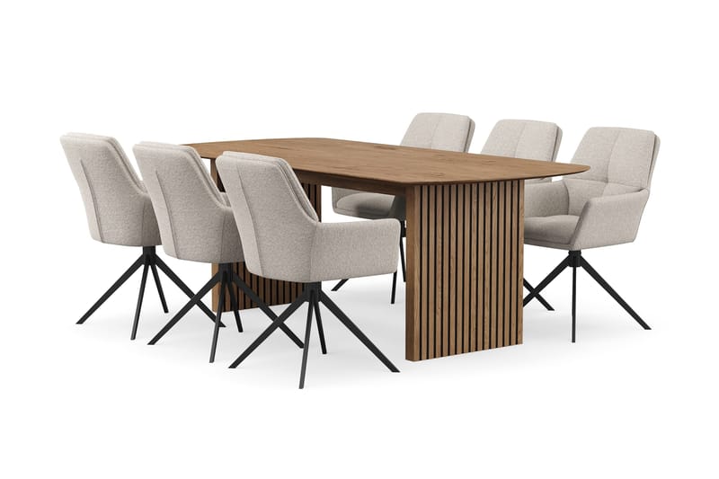 Richeto Matgrupp 210 cm med 6 Torsby Snurrstolar, Naturlig finish/Mörkbeige