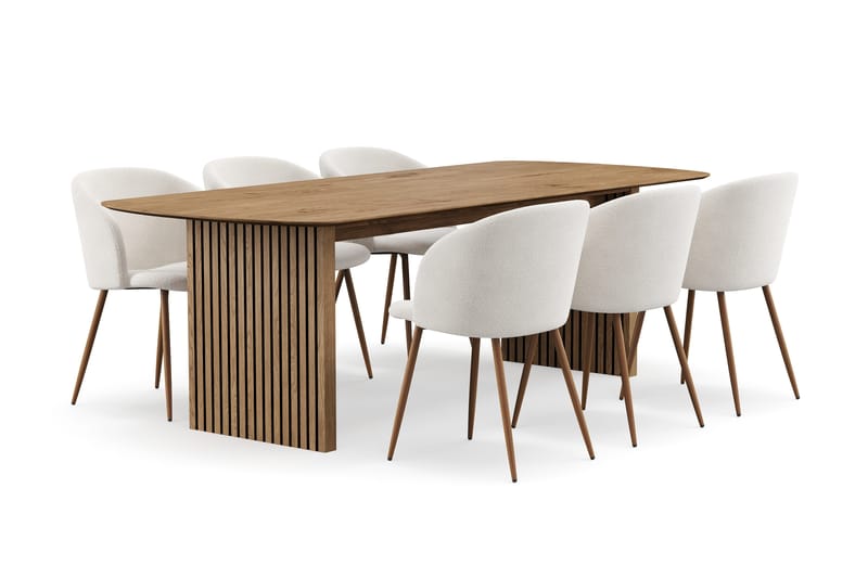 Richeto Matgrupp 240 cm med 6 Greya Matstolar med Armstöd - Rökt Ek/Vit Bouclé - Products - Möbler - Bord & matgrupp - Matgrupp