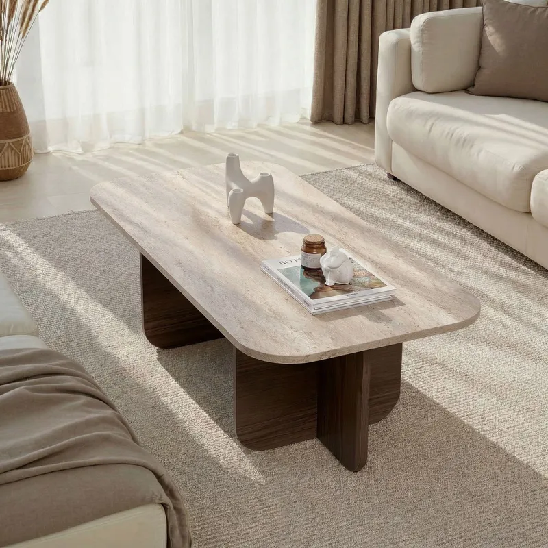 Salrin Rektangulärt Soffbord 120x60 cm med Travertin- och Valnötsutseende - Beige - Products - Möbler - Bord & matgrupp - Soffbord