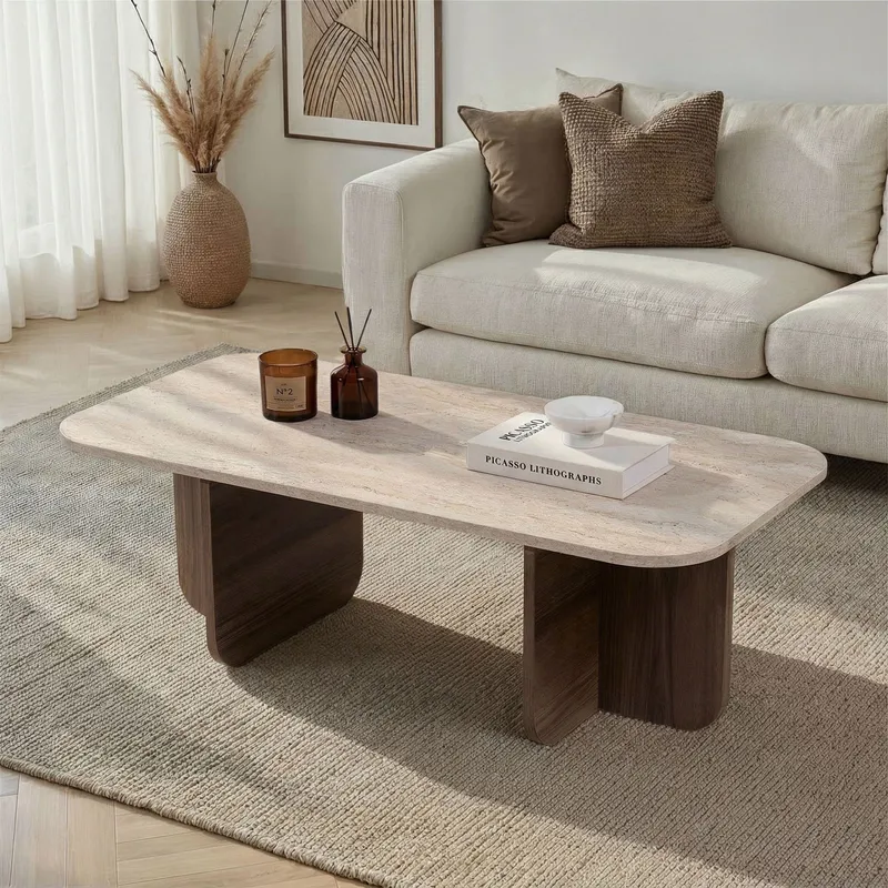 Salrin Rektangulärt Soffbord 120x60 cm med Travertin- och Valnötsutseende - Beige - Products - Möbler - Bord & matgrupp - Soffbord