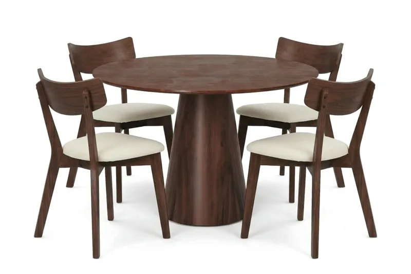 Siena Matgrupp 110 cm runt i Valnöt med 4 Amelia Matstolar med Dyna - Valnöt/Beige - Products - Möbler - Bord & matgrupp - Matgrupp