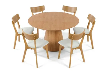 Siena Matgrupp 130 cm runt i Ek med 6 Amelia Matstolar med Dyna - Ek/Beige - Products - Möbler - Bord & matgrupp - Matgrupp