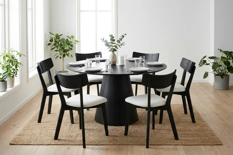 Siena Matgrupp 130 cm runt i Svart med 6 Amelia Matstolar med Dyna - Svart/Beige - Products - Möbler - Bord & matgrupp - Matgrupp