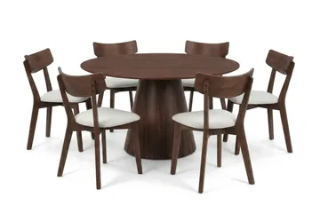 Siena Matgrupp 130 cm runt i Valnöt med 6 Amelia Matstolar med Dyna - Valnöt/Beige - Products - Möbler - Bord & matgrupp - Matgrupp