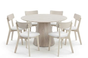 Siena Matgrupp 130 cm runt Vitlaserad med 6 Amelia Matstolar med Dyna - Vitlaserad/Beige - Products - Möbler - Bord & matgrupp - Matgrupp