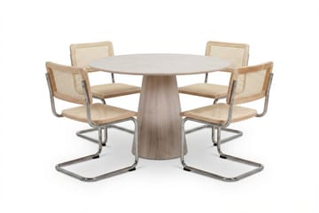Siena Matgrupp runt 110 cm Vitlaserad med 4 Build Matstolar - Vitlaserad/Natur/krom - Products - Möbler - Bord & matgrupp - Matgrupp