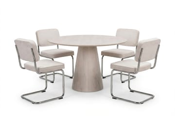 Siena Matgrupp runt 110 cm Vitlaserad med 4 Milva Matstolar - Vitlaserad/Beige/krom - Products - Möbler - Bord & matgrupp - Matgrupp