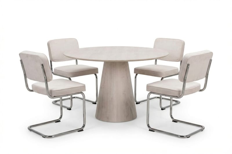 Siena Matgrupp runt 110 cm Vitlaserad med 4 Milva Matstolar - Vitlaserad/Beige/krom - Products - Möbler - Bord & matgrupp - Matgrupp