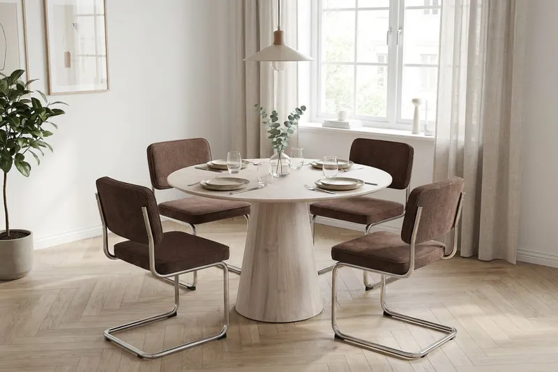 Siena Matgrupp runt 110 cm Vitlaserad med 4 Milva Matstolar - Vitlaserad/Brun/krom - Products - Möbler - Bord & matgrupp - Matgrupp