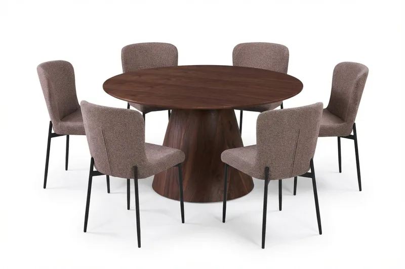 Siena Matgrupp runt 130 cm Valnöt med 6 Elsie Matstolar - Valnöt/Grå - Products - Möbler - Bord & matgrupp - Matgrupp