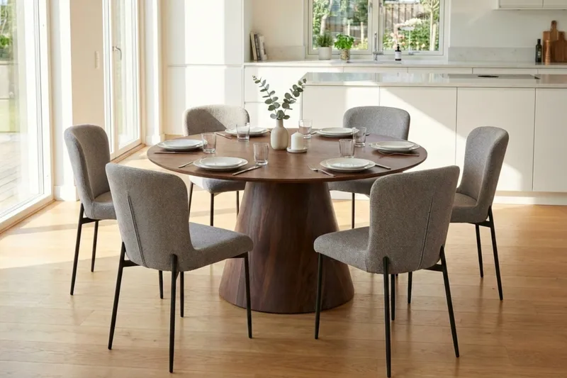 Siena Matgrupp runt 130 cm Valnöt med 6 Elsie Matstolar - Valnöt/Ljusgrå - Products - Möbler - Bord & matgrupp - Matgrupp