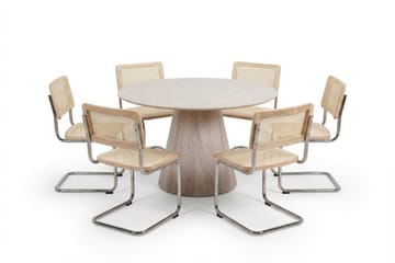 Siena Matgrupp runt 130 cm Vitlaserad med 6 Build Matstolar - Vitlaserad/Natur/krom - Products - Möbler - Bord & matgrupp - Matgrupp
