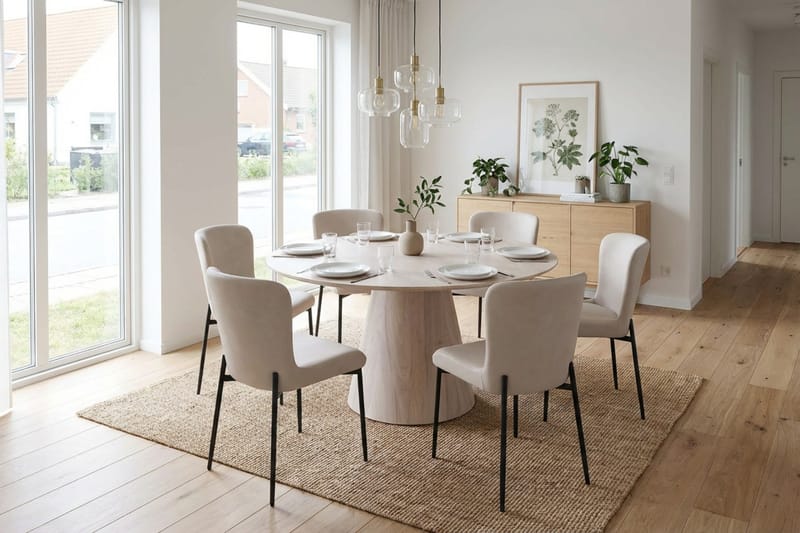 Siena Matgrupp runt 130 cm Vitlaserad med 6 Elsie Matstolar - Vitlaserad/Beige - Products - Möbler - Bord & matgrupp - Matgrupp