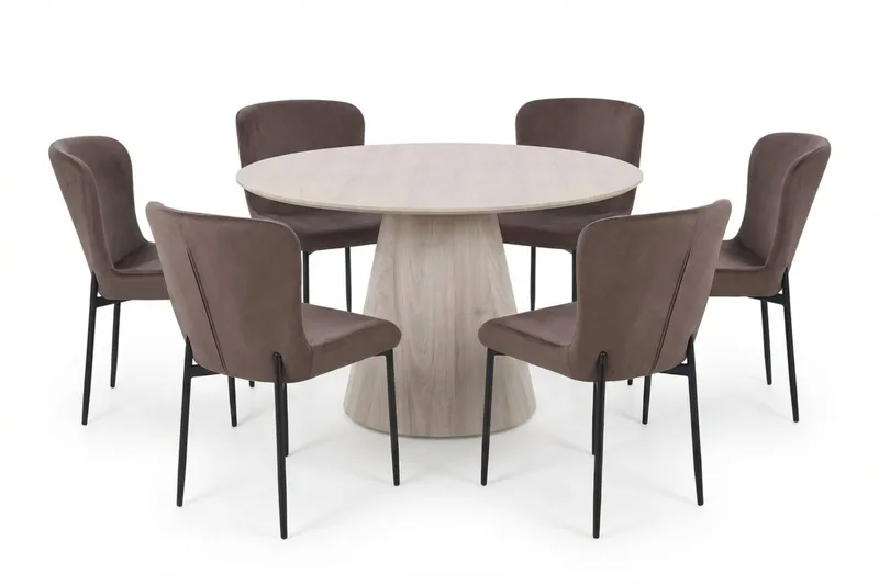 Siena Matgrupp runt 130 cm Vitlaserad med 6 Elsie Matstolar - Vitlaserad/Brun - Products - Möbler - Bord & matgrupp - Matgrupp