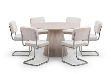 Siena Matgrupp runt 130 cm Vitlaserad med 6 Milva Matstolar - Vitlaserad/Beige/krom - Products - Möbler - Bord & matgrupp - Matgrupp