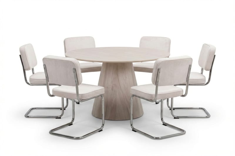Siena Matgrupp runt 130 cm Vitlaserad med 6 Milva Matstolar - Vitlaserad/Beige/krom - Products - Möbler - Bord & matgrupp - Matgrupp