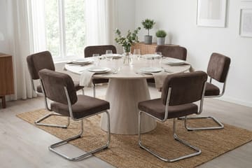 Siena Matgrupp runt 130 cm Vitlaserad med 6 Milva Matstolar - Vitlaserad/Brun/krom - Products - Möbler - Bord & matgrupp - Matgrupp