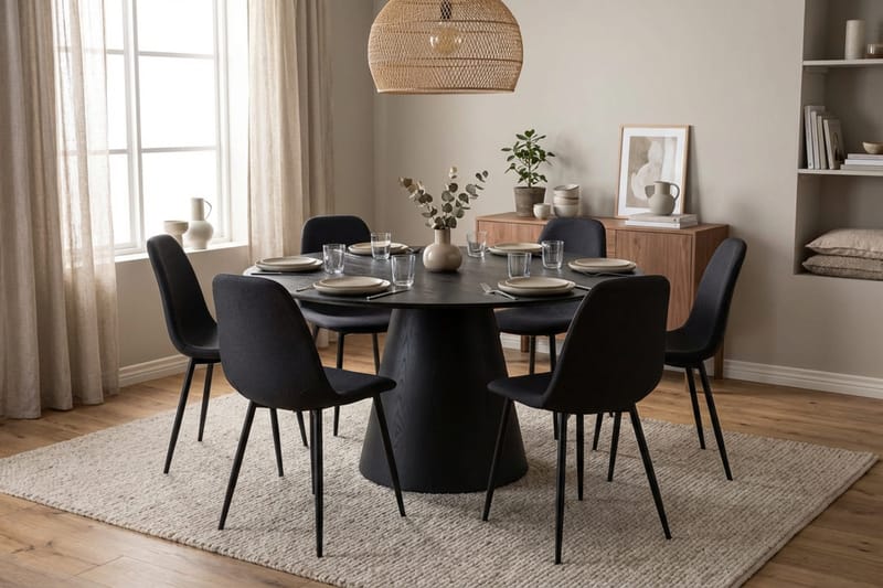 Siena Matgrupp runt 150 cm Svart med 6 Nibe Matstolar - Svartlaserad ek - Products - Möbler - Bord & matgrupp - Matgrupp
