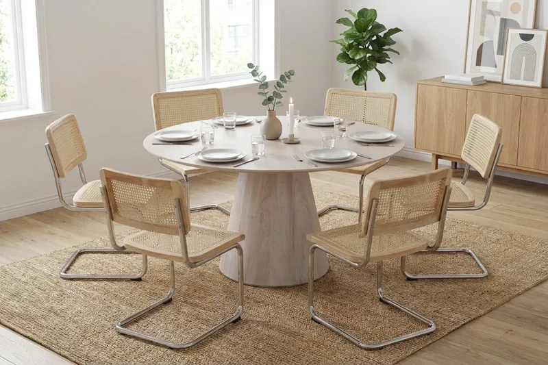 Siena Matgrupp runt 150 cm Vitlaserad med 6 Build Matstolar - Vitlaserad/Natur/krom - Products - Möbler - Bord & matgrupp - Matgrupp