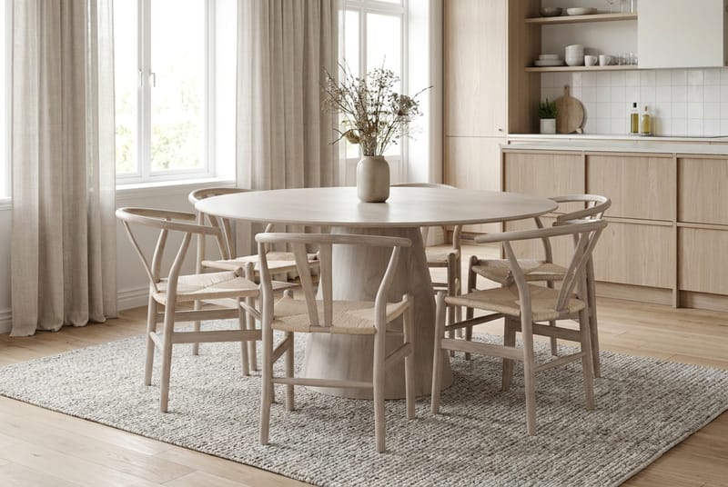 Siena Matgrupp runt 150 cm Vitlaserad med 6 Dastoori Matstolar - Vitlaserad - Products - Möbler - Bord & matgrupp - Matgrupp