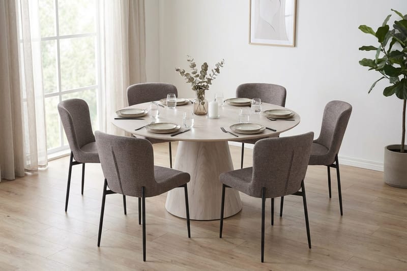 Siena Matgrupp runt 150 cm Vitlaserad med 6 Elsie Matstolar - Vitlaserad/Brun - Products - Möbler - Bord & matgrupp - Matgrupp