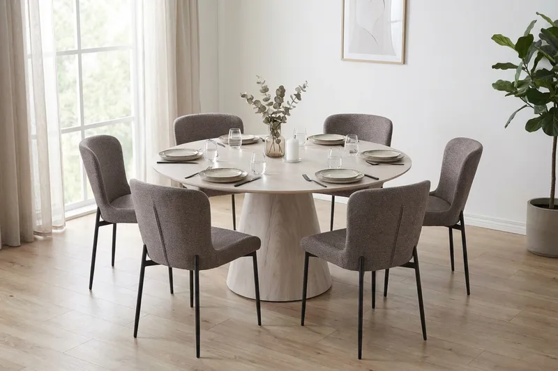 Siena Matgrupp runt 150 cm Vitlaserad med 6 Elsie Matstolar - Vitlaserad/Grå - Products - Möbler - Bord & matgrupp - Matgrupp