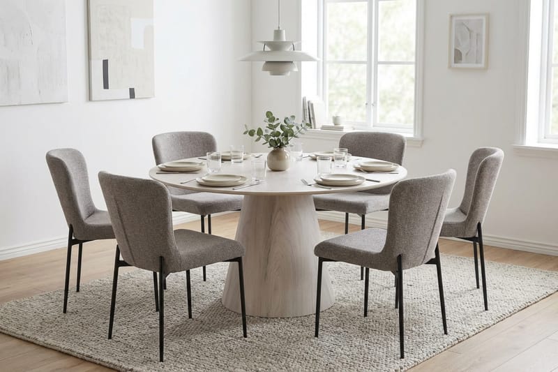Siena Matgrupp runt 150 cm Vitlaserad med 6 Elsie Matstolar - Vitlaserad/Ljusgrå - Products - Möbler - Bord & matgrupp - Matgrupp