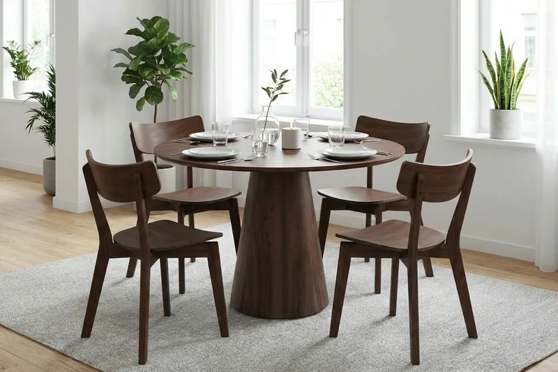Siena Rund Matgrupp 110 cm – Matbord med 4 Amelia Matstolar i Trä med Valnötsutseende - Brun - Products - Möbler - Bord & matgrupp - Matgrupp