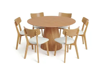 Siena Rund Matgrupp 130 cm – Matbord med 6 Amelia Matstolar med Dyna i Trä med Ekutseende - Natur - Products - Möbler - Bord & matgrupp - Matgrupp